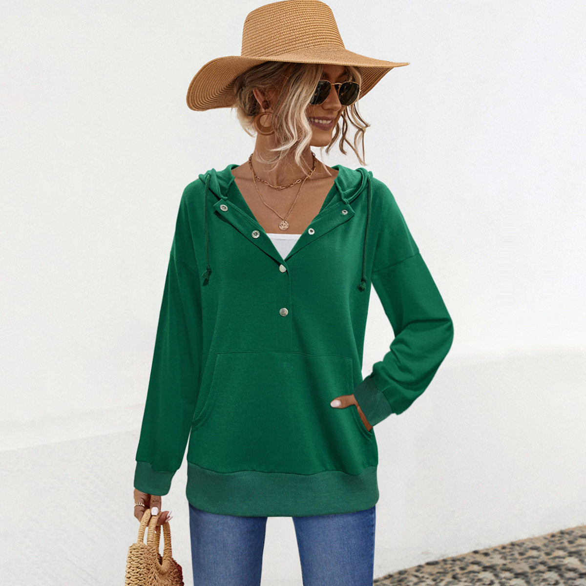 Damen Kapuzenpullover mit Knopfleiste und praktischen Taschen WW