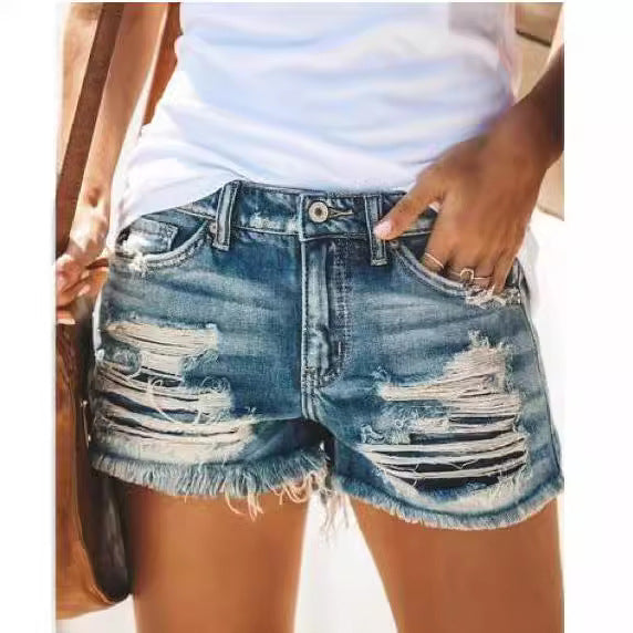 Damen distressed Denim-Shorts mit Fransenabschluss WW