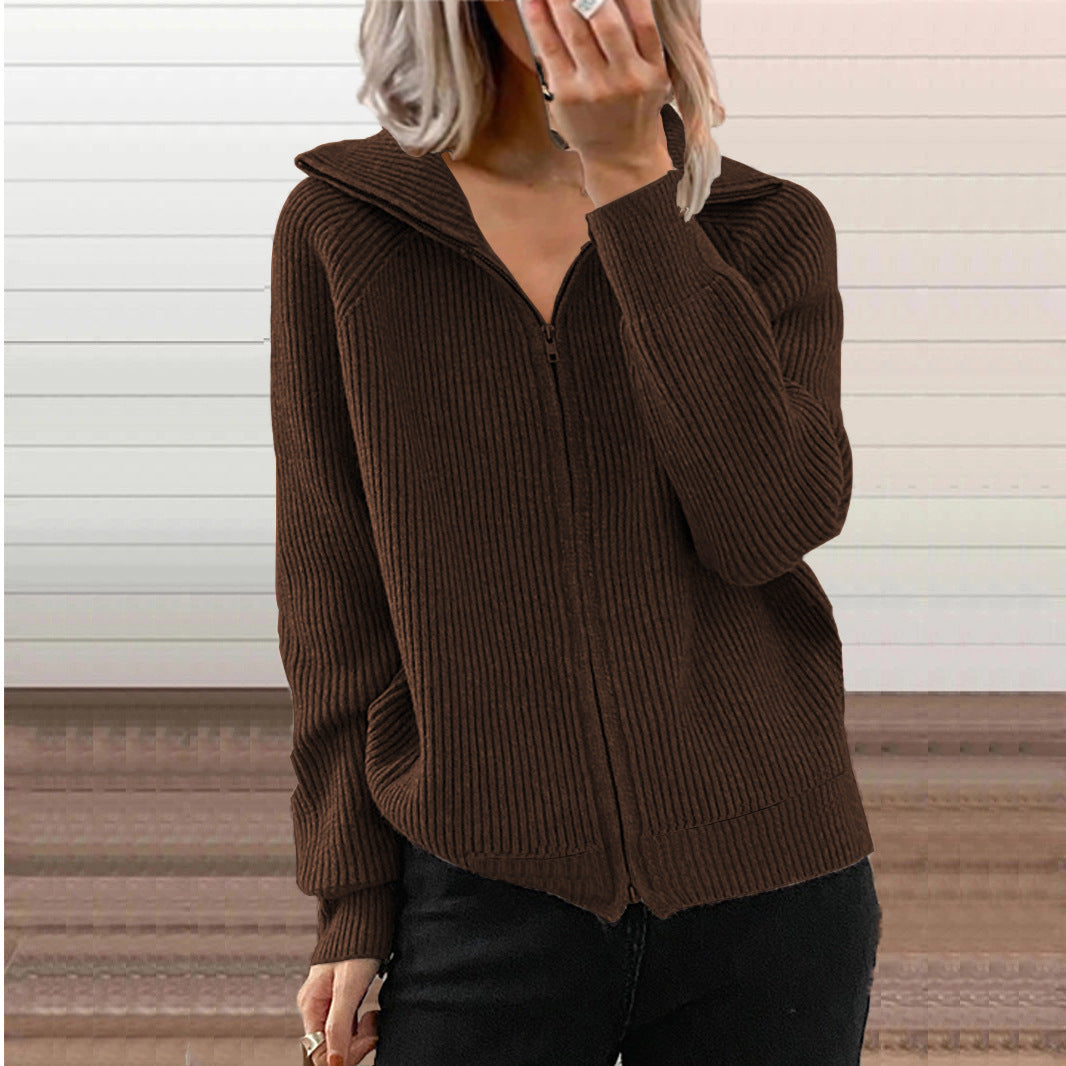 Damen bequeme Strickjacke mit hohem Kragen und durchgehendem Reißverschluss WW