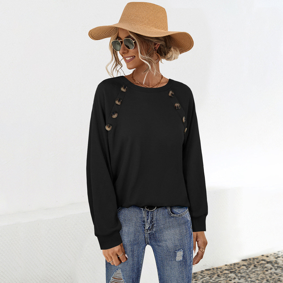 Damen lässiger Pullover mit dekorativen Knöpfen WW
