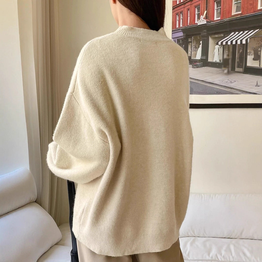 Damen oversized Strickpullover mit Rundhalsausschnitt und breiten Ärmeln WW