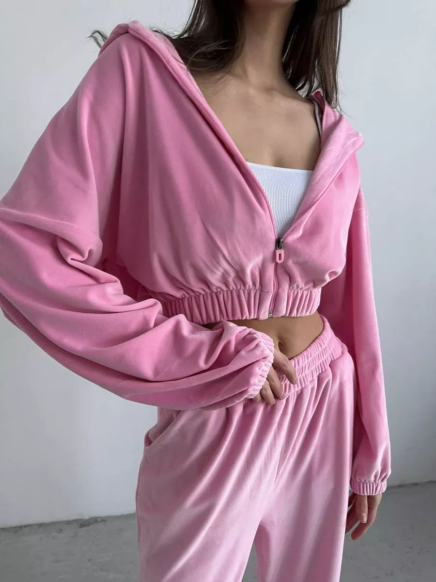 Damen sportliches Fleece Ensemble mit modernem Reißverschluss und elastischem Bund WW