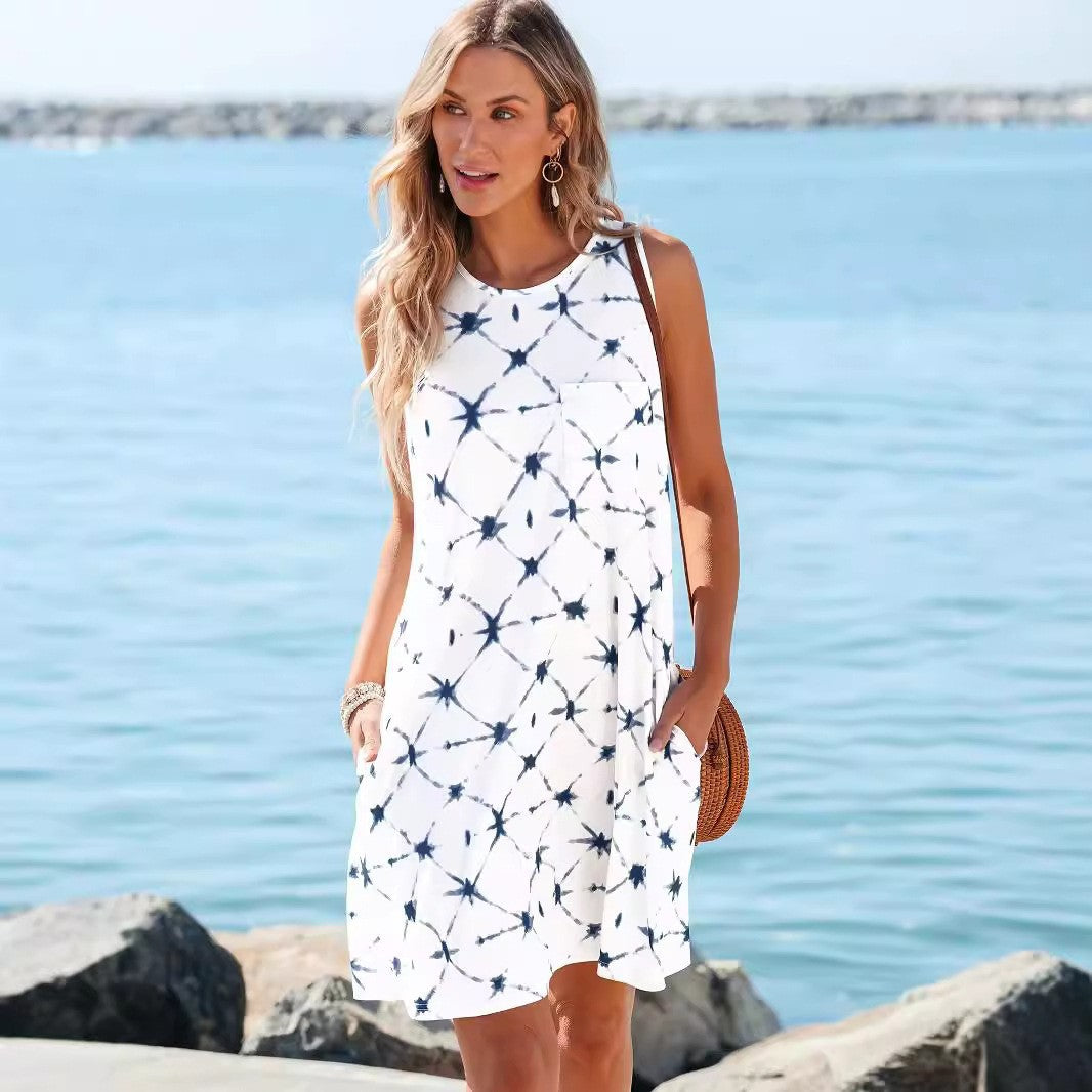 Damen lässiges A-Linien-Kleid mit Taschen und elegantem Batikmuster WW