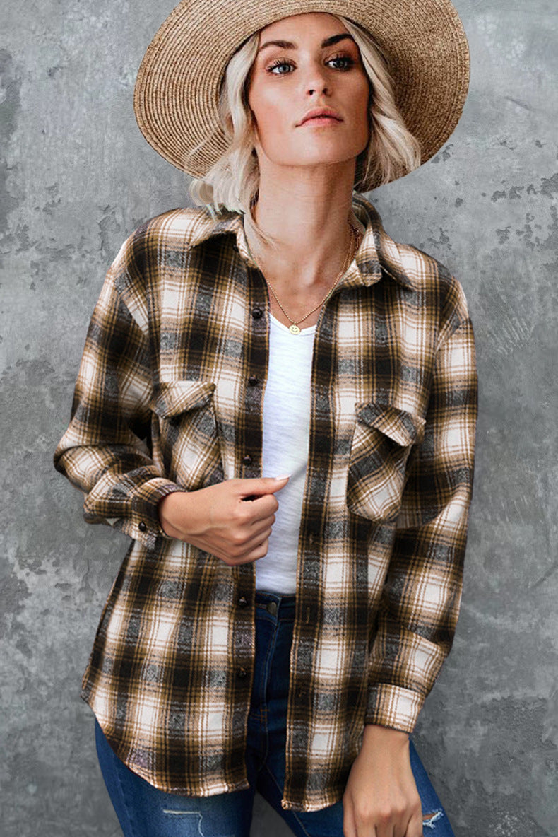 Damen Karierte Flanellbluse mit Brusttaschen und bequemer Passform WW