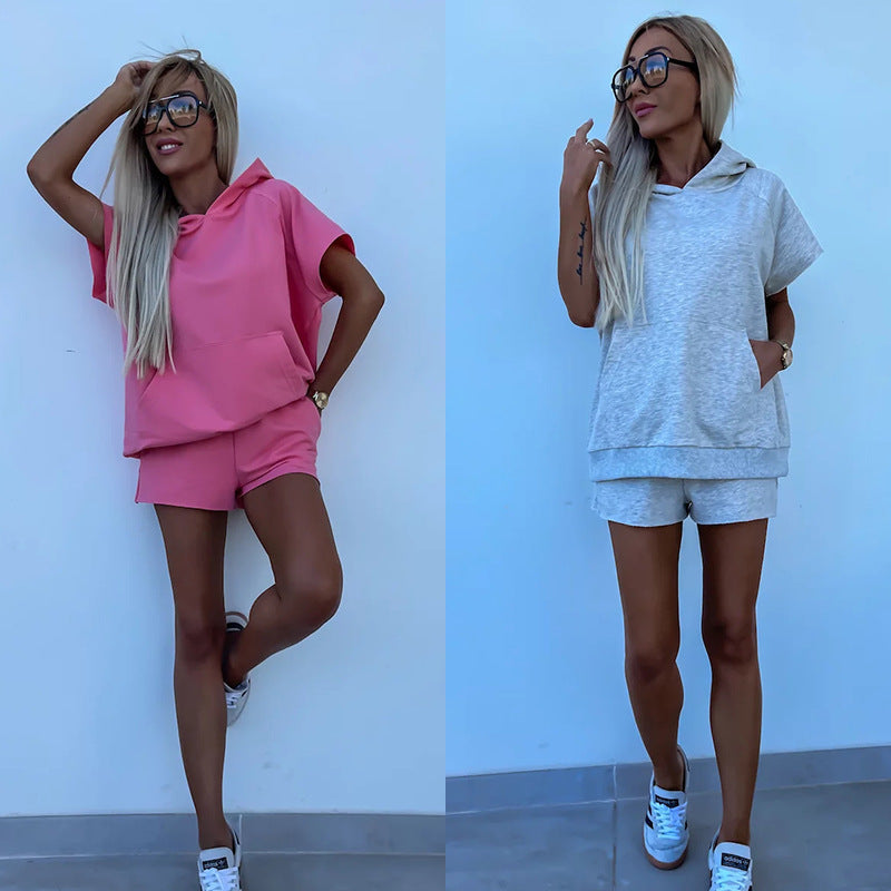 Damen lässiges Shorts- und Kurzarm-Hoodie Set aus atmungsaktivem Material WW