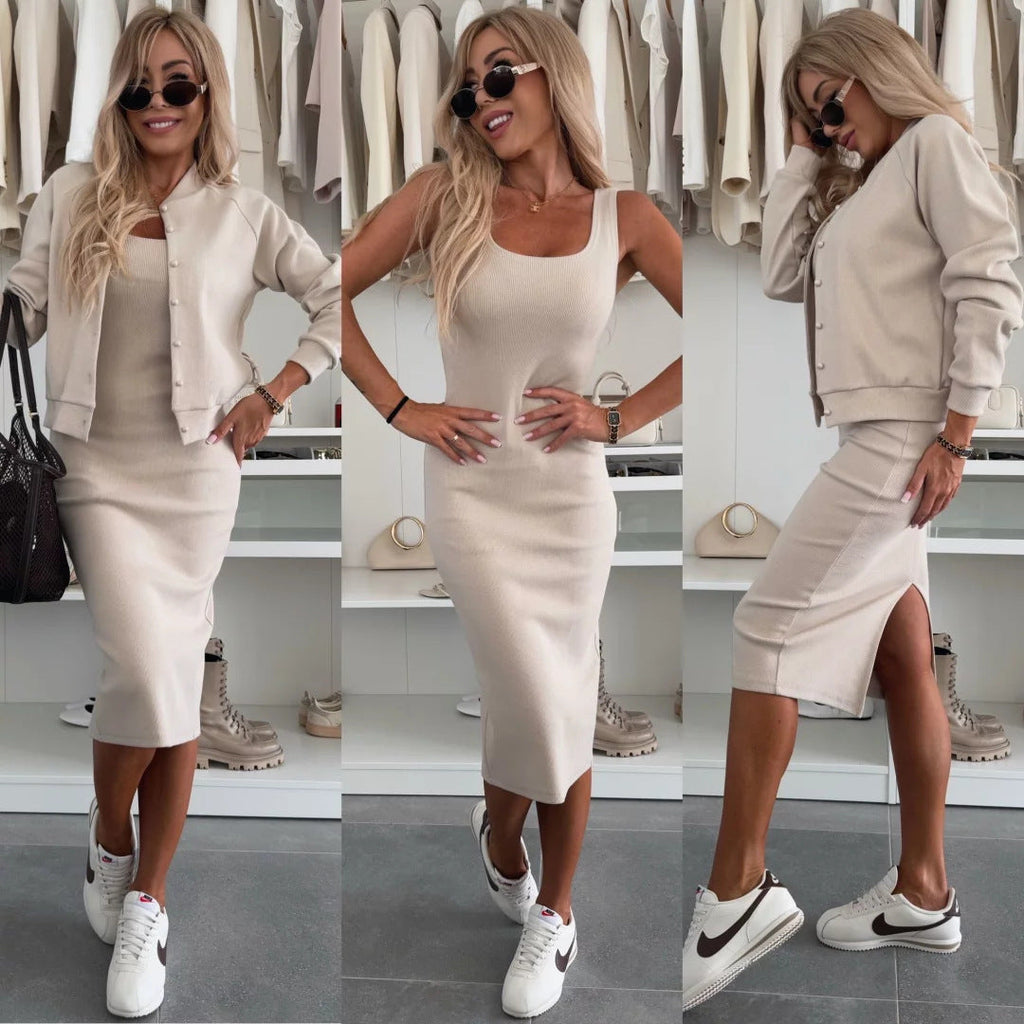 Damen elegantes Set aus figurbetontem Kleid und lässiger Jacke mit Druckknopf WW