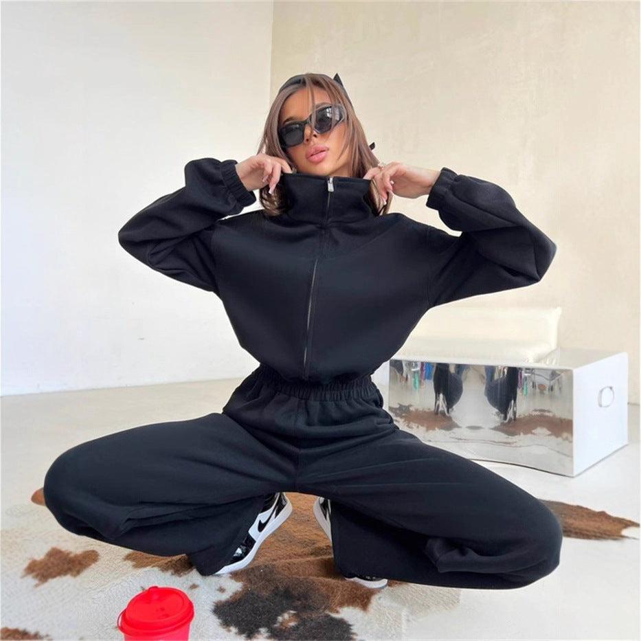 Damen sportlicher Fleece-Loungewear-Anzug mit hohem Kragen und elastischem Bund WW