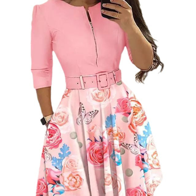 Damen A-Linien Kleid mit tailliertem Gürtel und floralem Muster WW