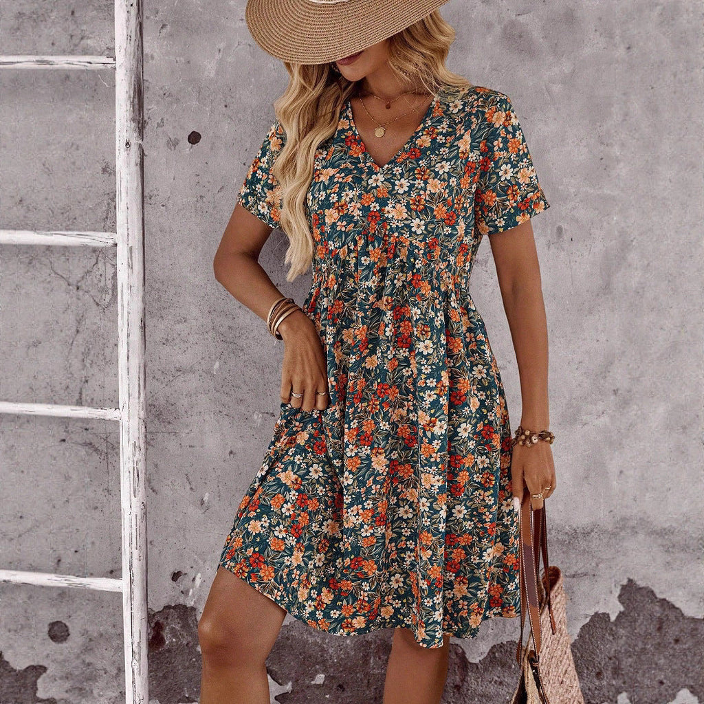 Damen Blühendes Sommerkleid mit V-Ausschnitt und lockerer Passform WW