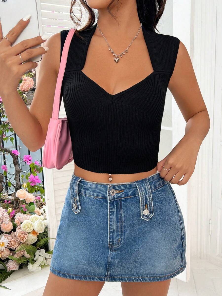 Damen figurbetontes Ripp-Crop-Top mit V-Ausschnitt und breiten Trägern WW