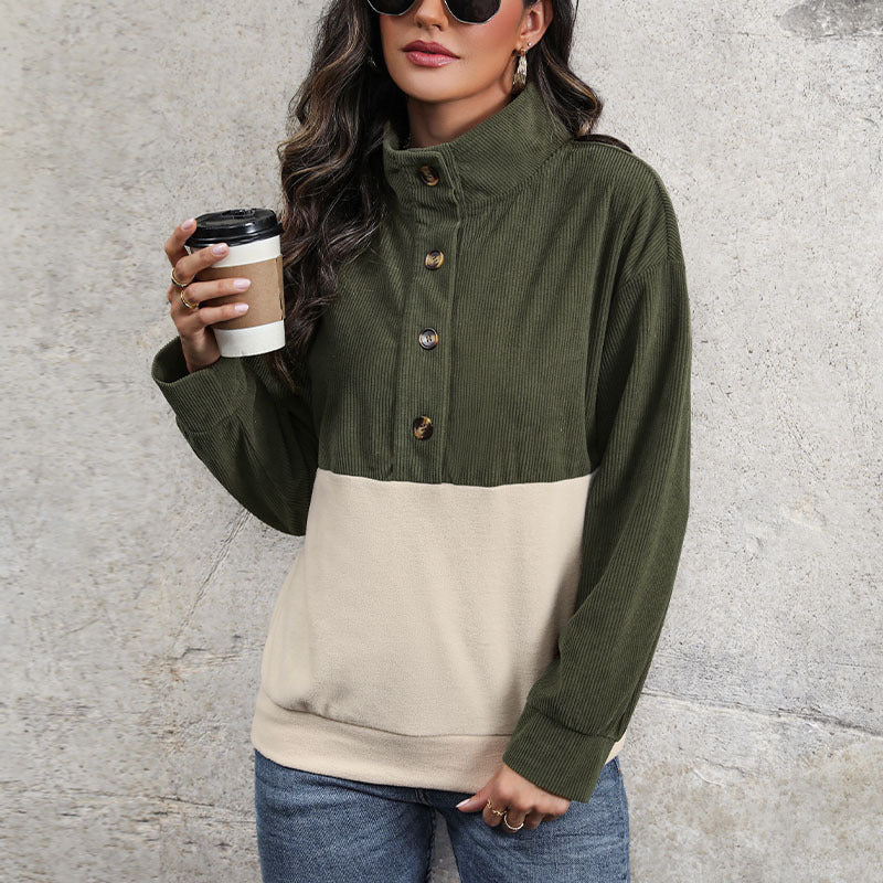 Damen gemütlicher Oversized Pullover mit Knopfleiste und farblich abgesetztem Design WW