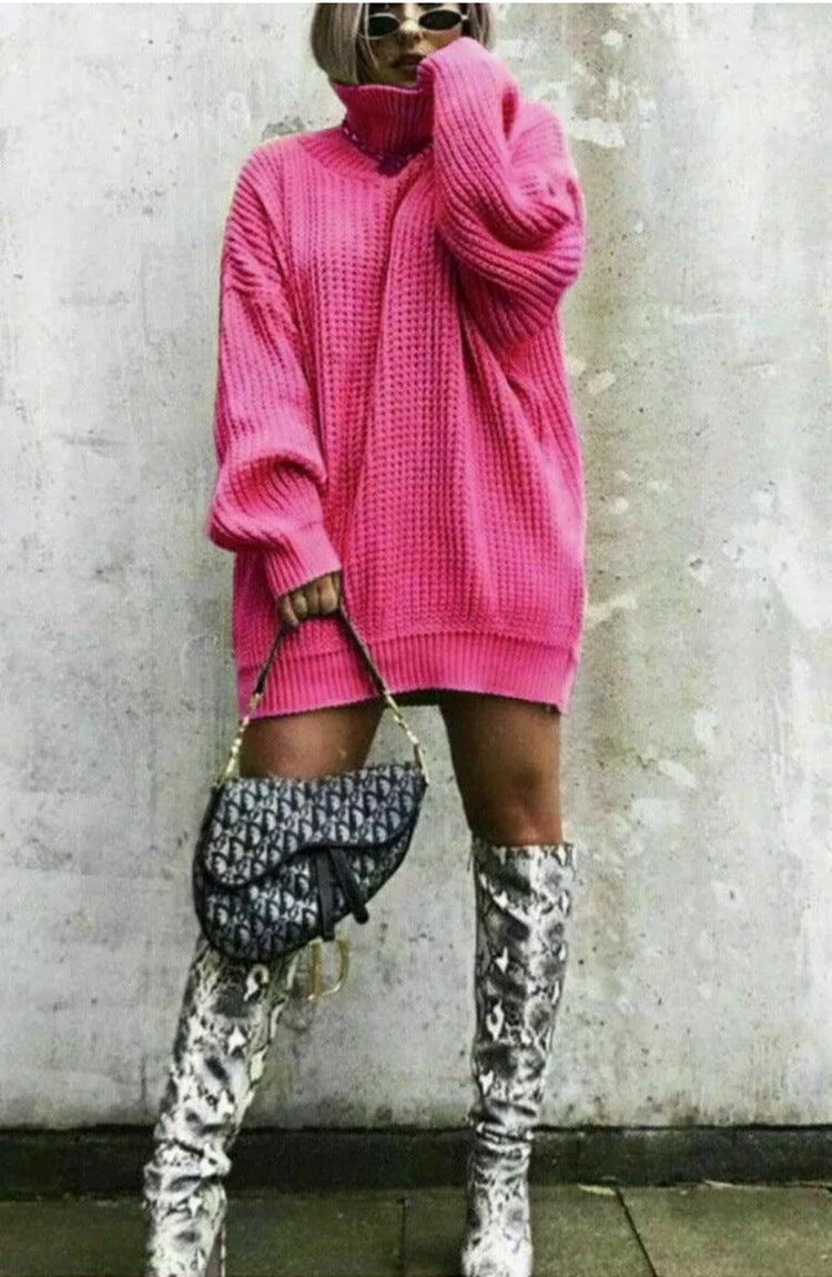 Damen Oversized Strickpullover mit hohem Kragen und Waffelmuster WW