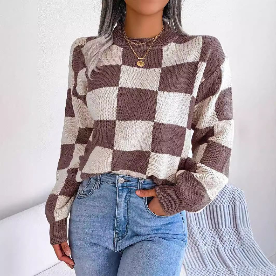 Damen modischer Pullover mit Karomuster und weitem Schnitt WW