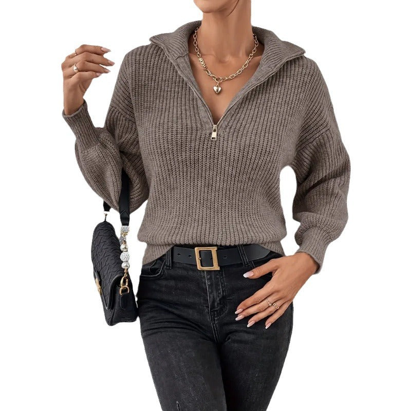 Damen modischer Pullover mit hochgeschlossenem Kragen und Reißverschluss WW