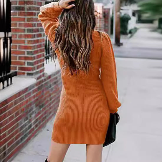 Damen Strickkleid mit hohem Kragen und Puffärmeln WW