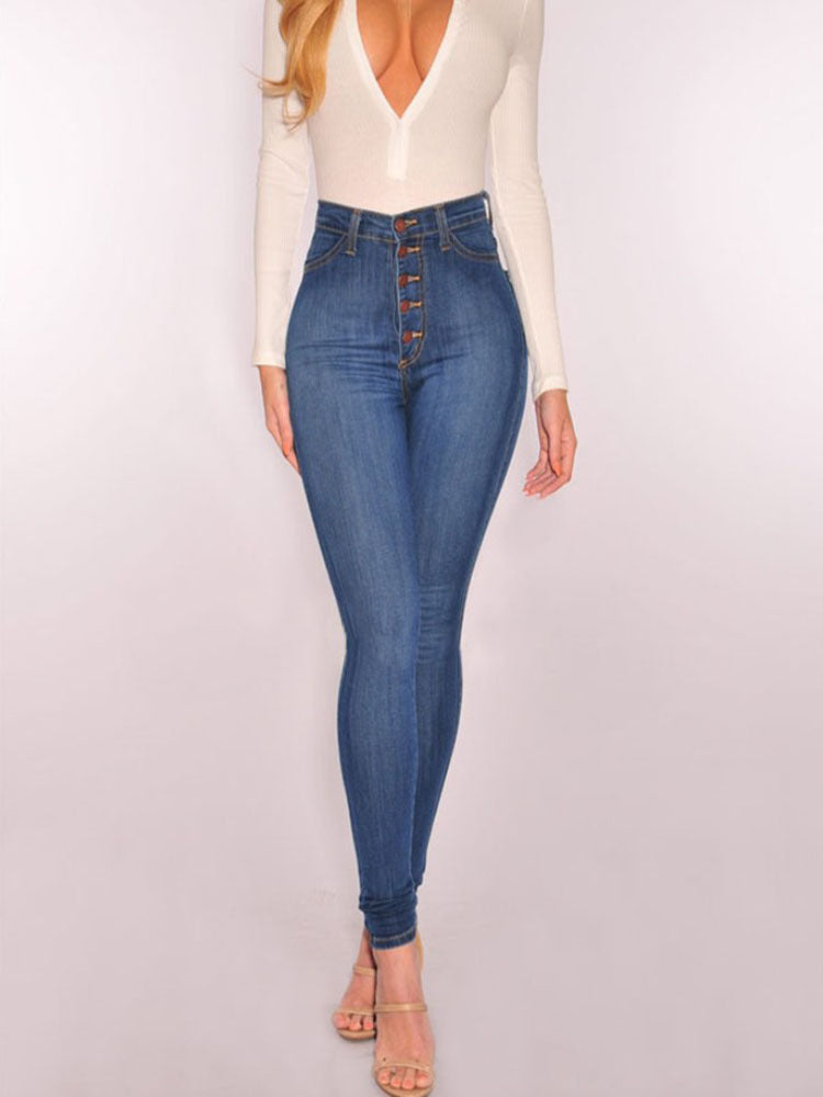Damen High-Waist Skinny-Jeans mit Knopfdesign und figurbetontem Schnitt WW