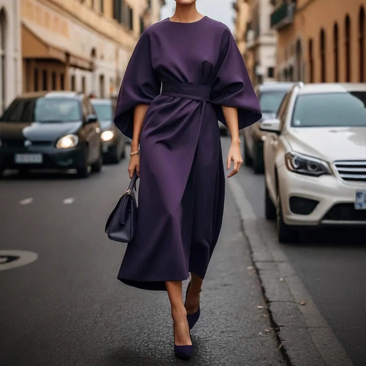 Damen modernes Maxikleid mit voluminösen Ärmeln und Taillengürtel WW