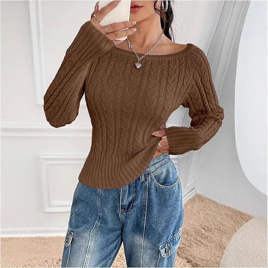 Damen Grobstrick Pullover mit offener Schulterpartie und Zopfmuster WW