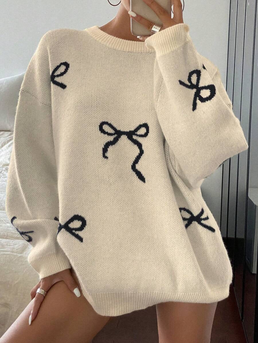 Damen Oversized Pullover mit dekorativem Schleifenmotiv WW