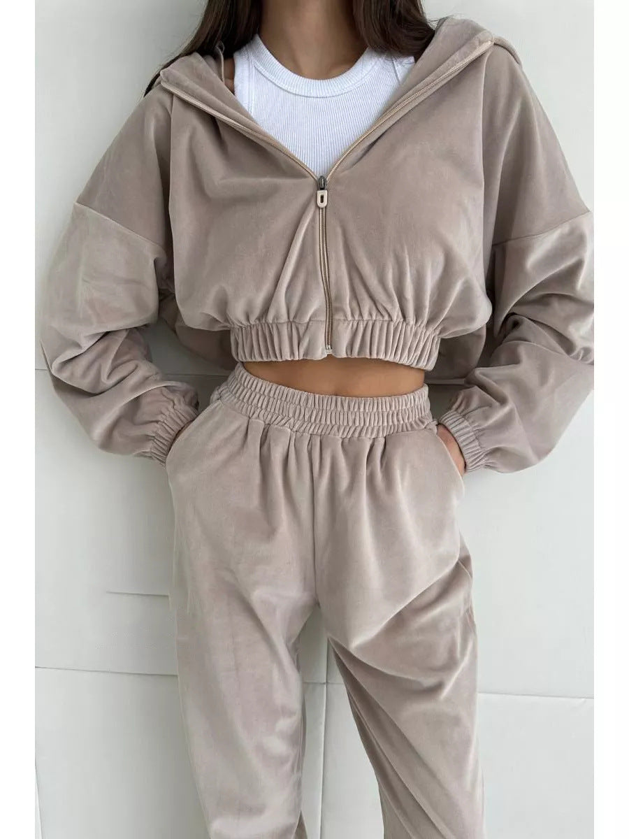 Damen sportliches Fleece Ensemble mit modernem Reißverschluss und elastischem Bund WW