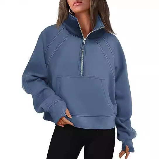 Damen sportlicher Hoodie mit kurzem Reißverschluss und praktischer Kängurutasche WW