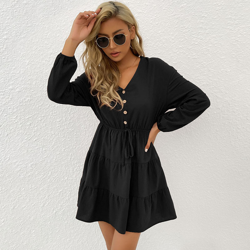 Damen Midi-Kleid mit knöpfbarem Ausschnitt und Taillenbindung WW