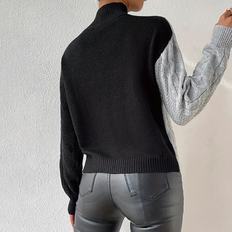 Damen modischer Strickpullover mit asymmetrischem Zopfdesign und hohen Kragen WW