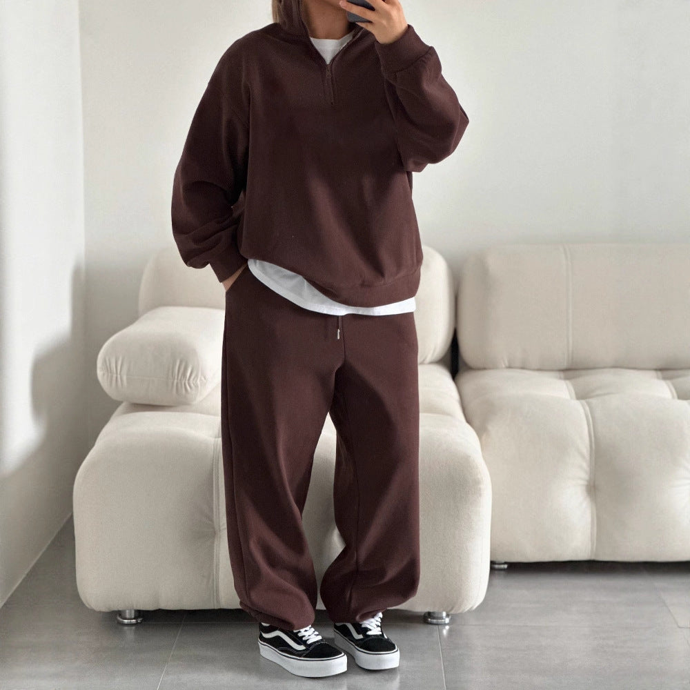 Damen gemütliches Fleece-Loungewear-Set mit Stehkragen und Reißverschluss WW