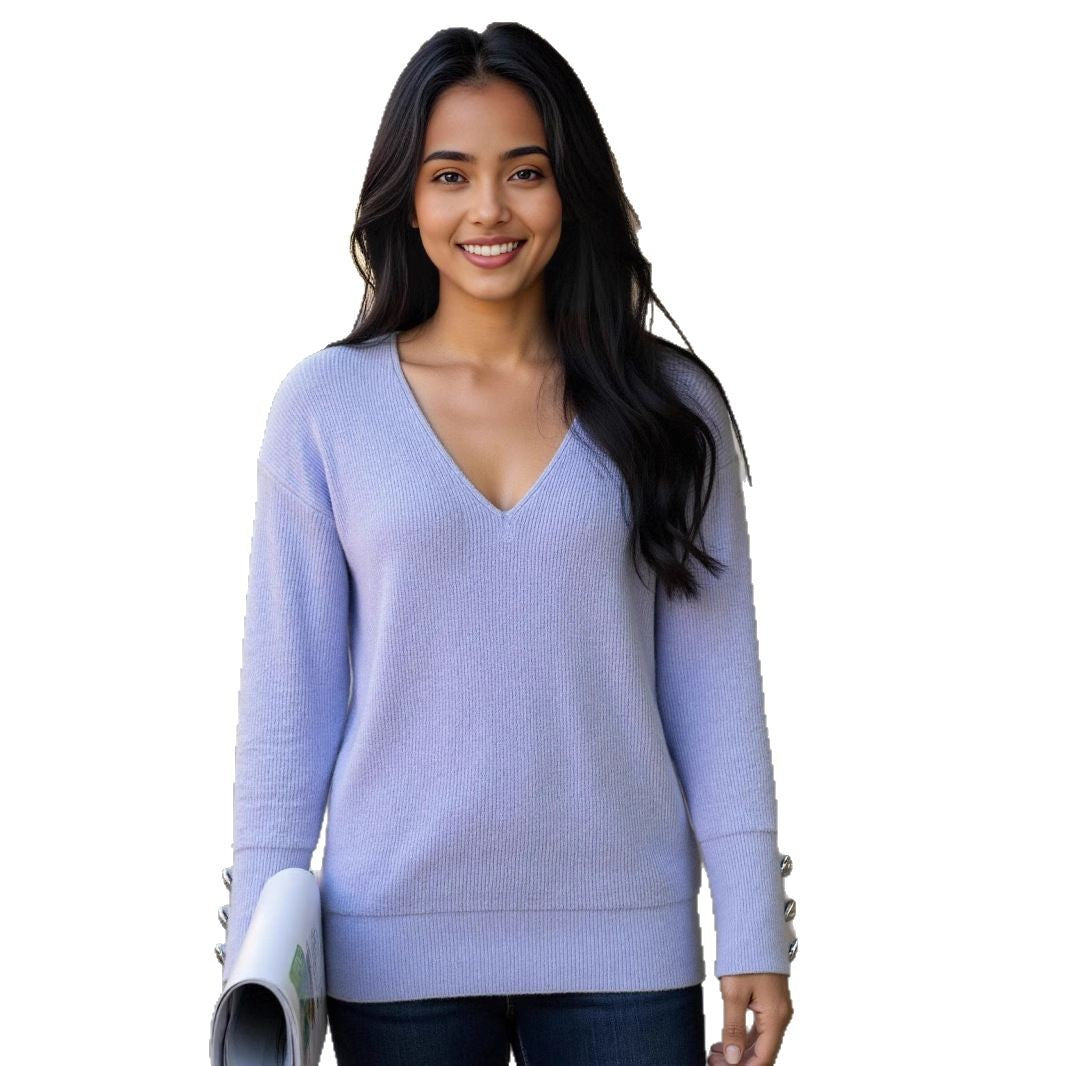 Damen V-Ausschnitt Strickpullover mit dekorativen Knöpfen WW