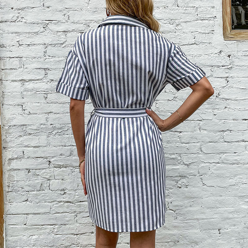 Damen Hemdblusenkleid mit Taillengürtel und klassischen Streifen WW