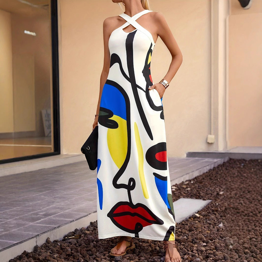 Damen Maxikleid mit künstlerischem Grafikdruck und verführerischem Schnitt WW