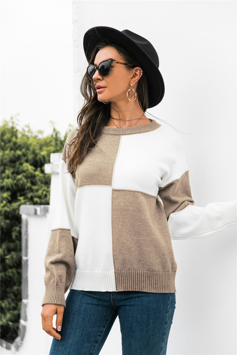 Damen Modischer Pullover im Blockdesign mit langen Ärmeln WW