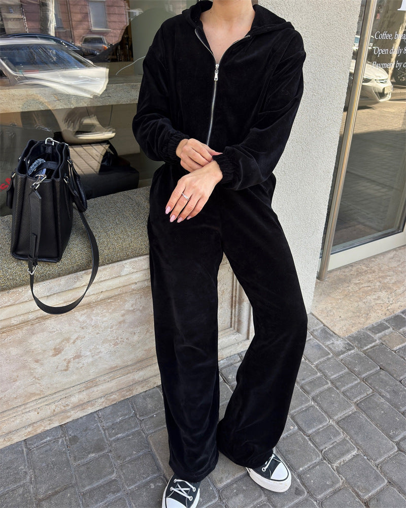 Damen sportliches Cropped-Set mit Kapuzenjacke und elastischer Jogginghose WW