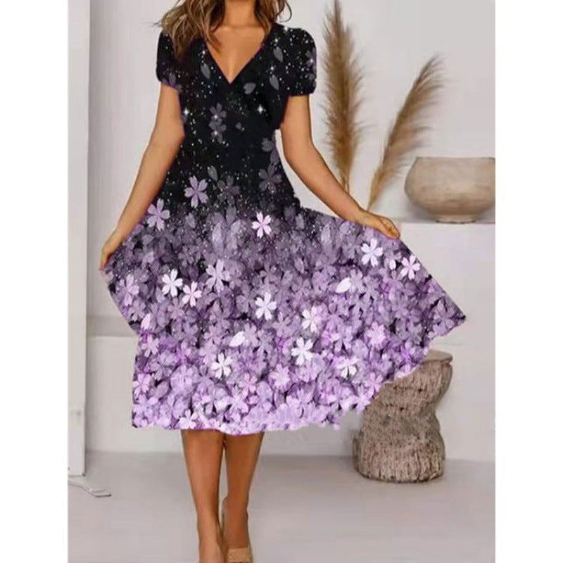 Damen A-Linie Sommerkleid mit V-Ausschnitt und floralen Akzenten WW