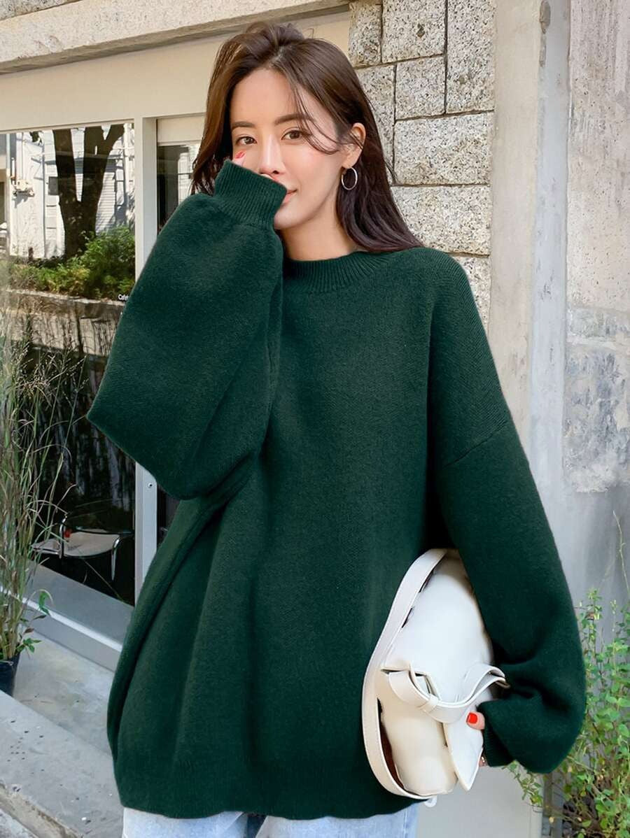 Damen oversized Strickpullover mit Rundhalsausschnitt und breiten Ärmeln WW
