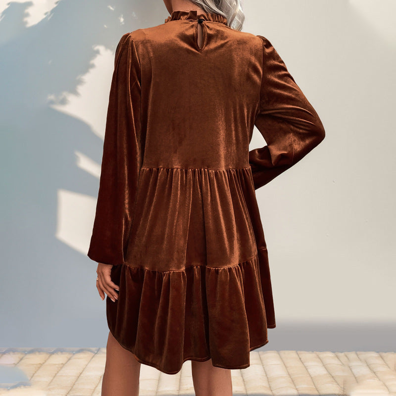 Damen Velours Kleid mit hochgeschlossenem Kragen und voluminösem Rock WW