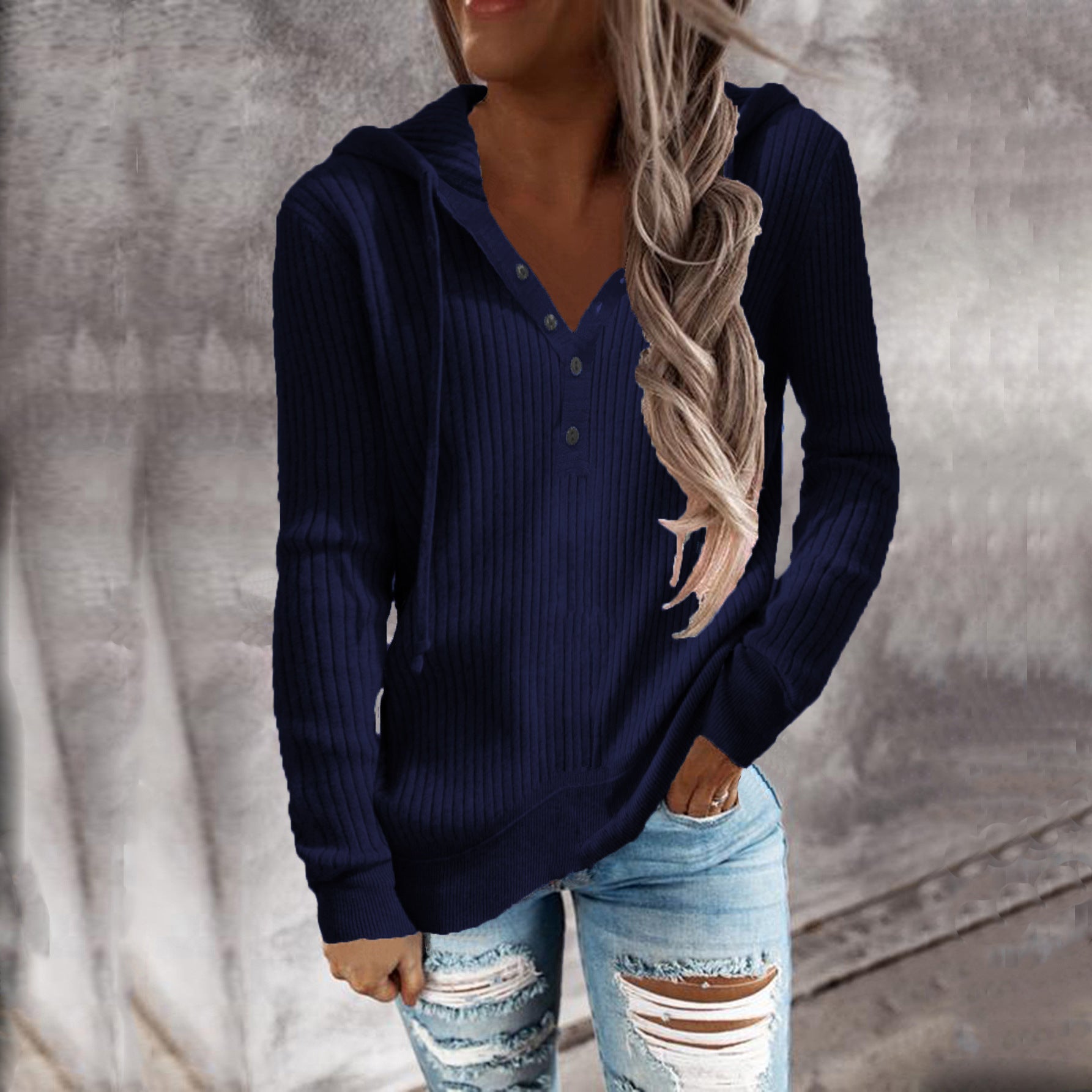 Damen Kapuzenpullover mit feinem Rippstrick und Knopfleiste WW