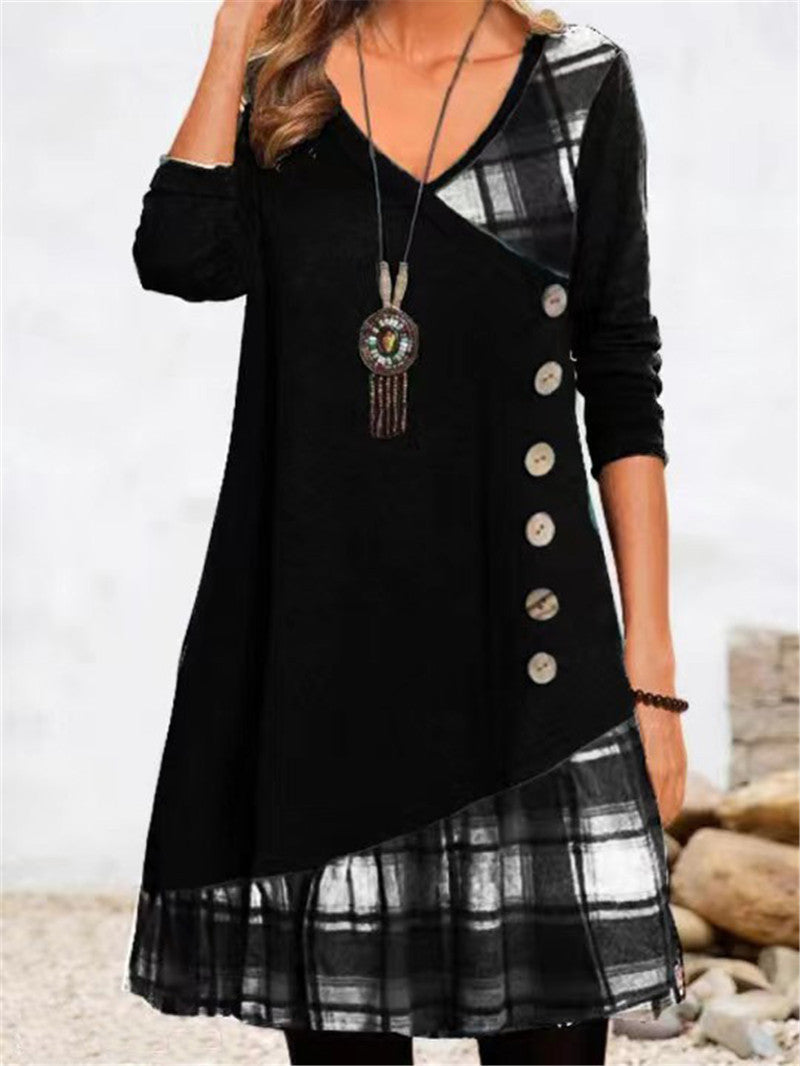 Damen modisches Wickelkleid mit Karomuster und Knopfdetails WW