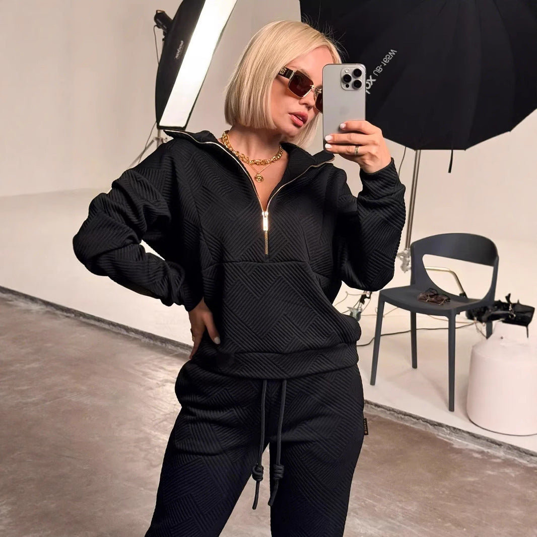 Damen sportliches Loungewear-Set mit modernem Reißverschluss und gestreiftem Design WW