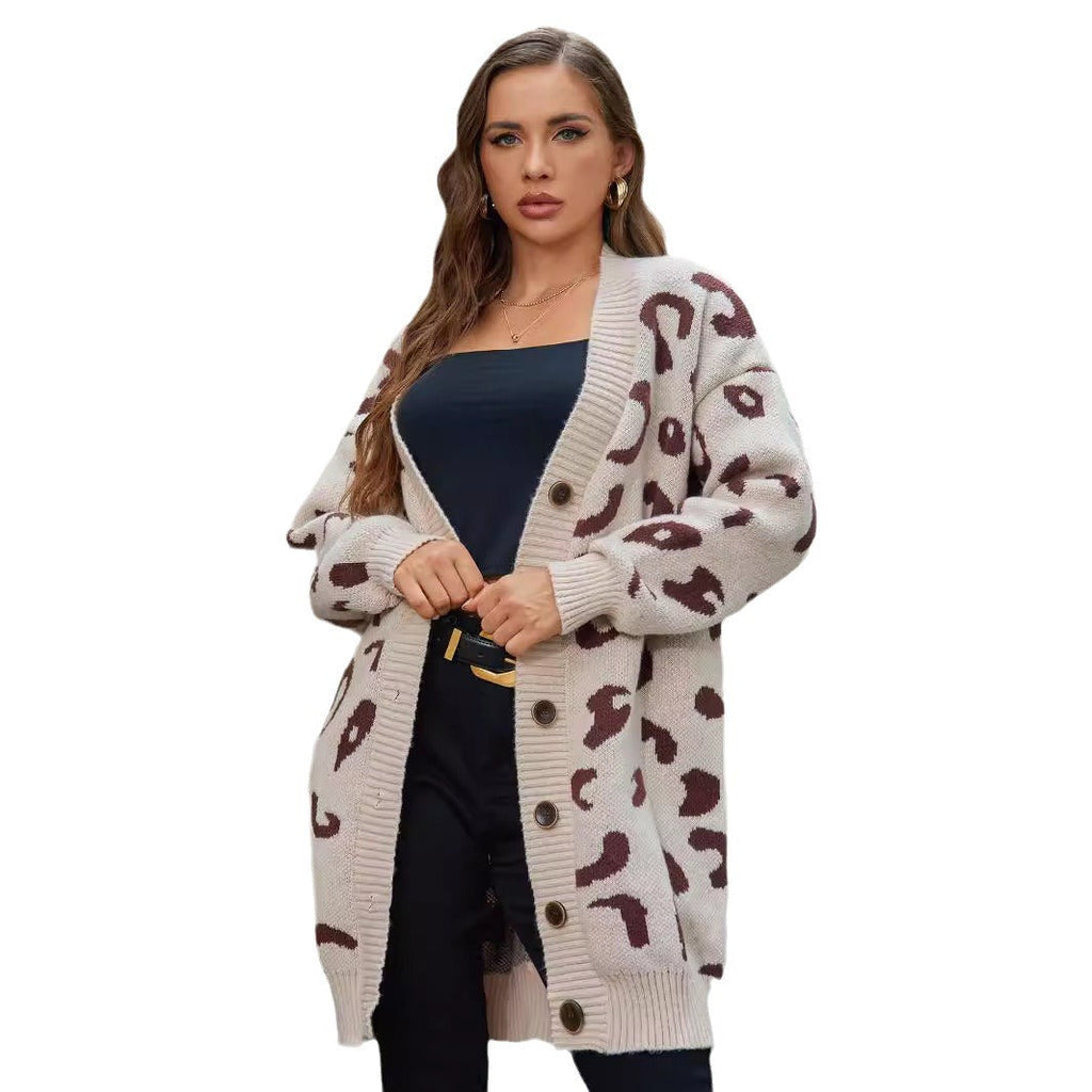 Damen Strickjacke mit modernem Leo-Muster und Knöpfen WW