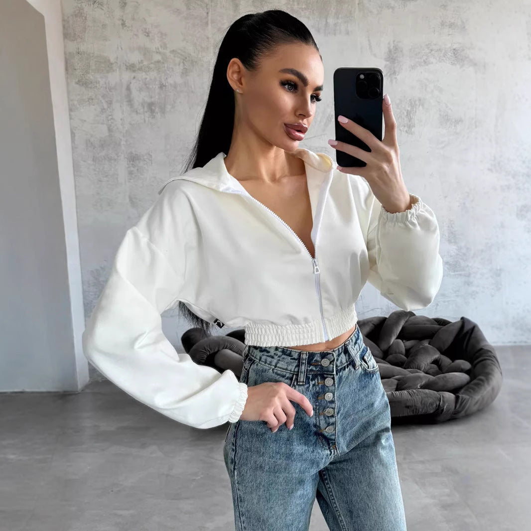 Damen lässiger Cropped Hoodie mit praktischem Reißverschluss und elastischem Bund WW