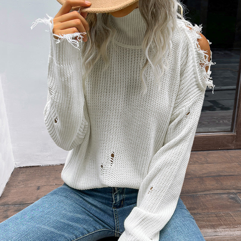 Damen lässiger Strickpullover mit lässigem Lochdesign und weiten Ärmeln WW