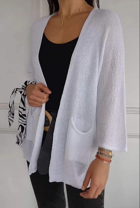 Damen lässige Strickjacke mit offener Vorderseite und praktischen Taschen WW