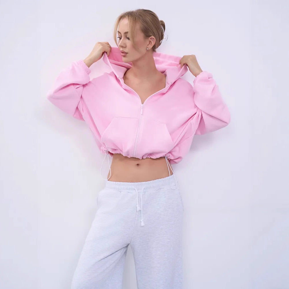 Damen lässiger Kapuzenpullover mit elastischem Bund und tiefem Reißverschluss WW