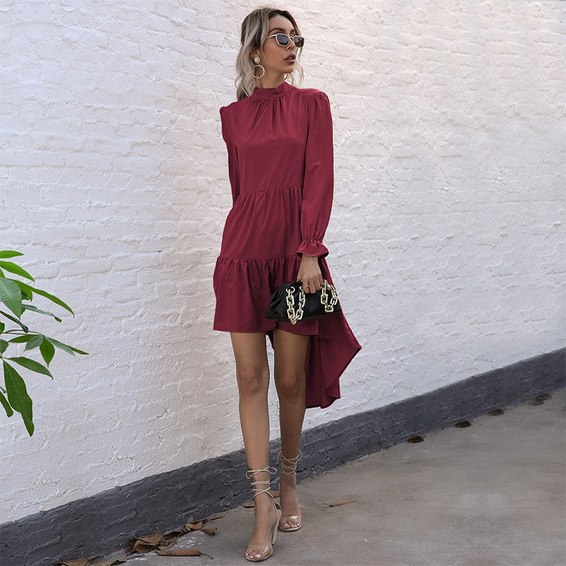 Damen elegantes, schwingendes Midi-Kleid mit Rüschen und langen Ärmeln WW