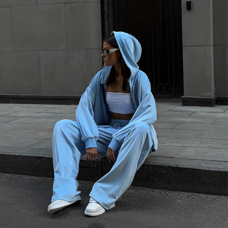 Damen sportliches Fleece-Jogginganzug mit Kapuze und weitem Schnitt WW
