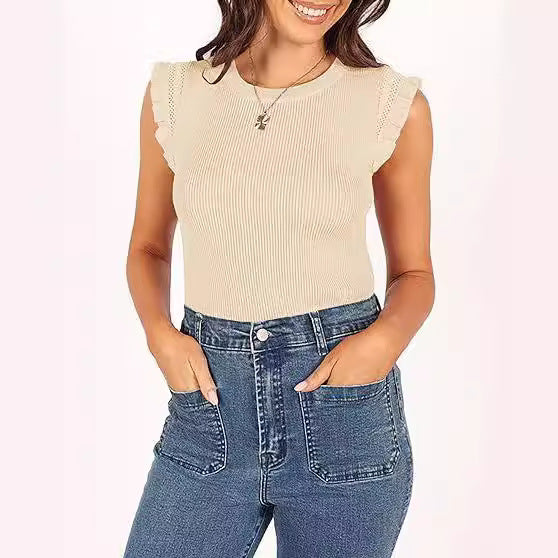 Damen figurbetontes Ripp-Shirt mit Rüschen WW