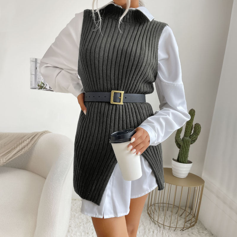 Damen Strickkleid mit Taillengürtel und seitlichen Schlitzen WW