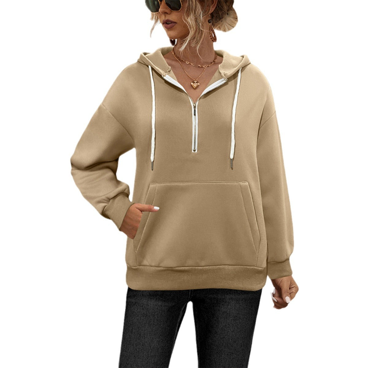 Damen Kapuzenpullover mit halbem Reißverschluss und Kängurutasche WW
