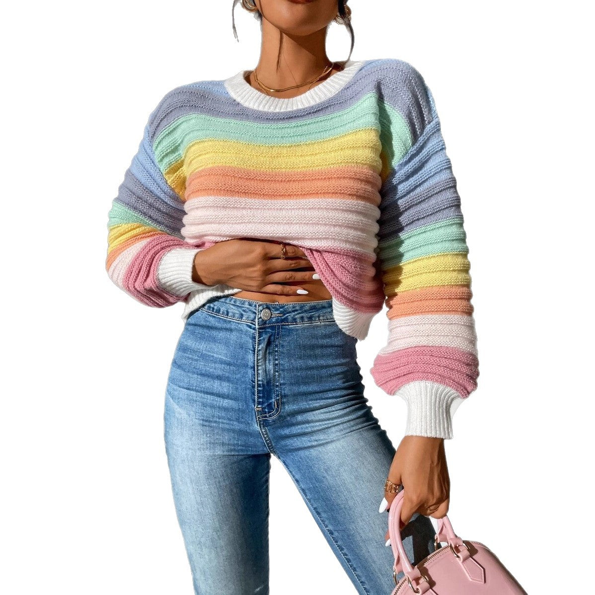 Damen Modischer Strickpullover mit Volumenärmel und Randdetails WW